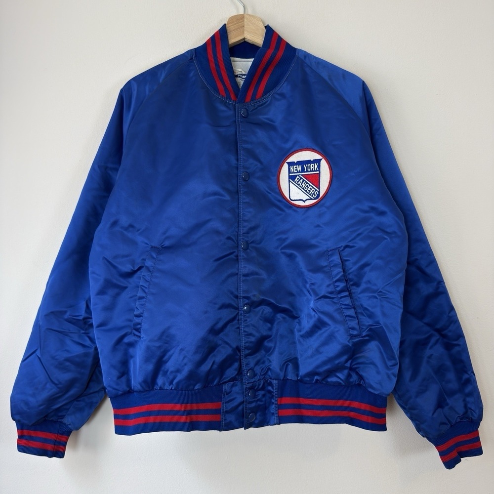 Vintage 80's New York Rangers NHL Pyramid Satin Blue Jacket Large